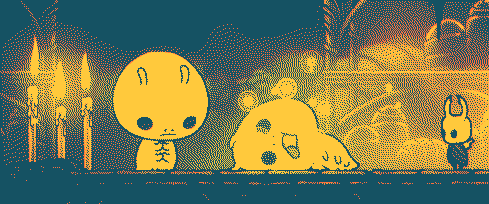 Screenshot de Hollow Knight - un ver prie devant le cadavre de son ami, le chevalier le regarde au loin