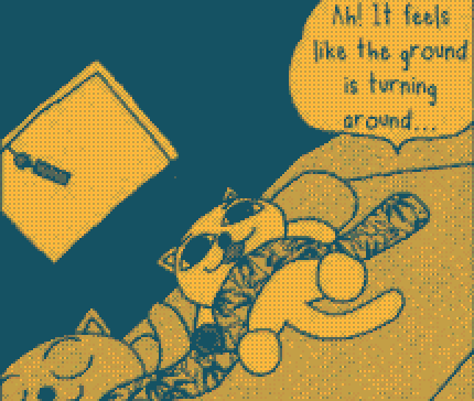 Case de Nekojiru Udon - Le personnage de Nyakko, un chat, est dans son lit et dit 'Ah! It feels like the world is turning around...', la case est légèrement penchée