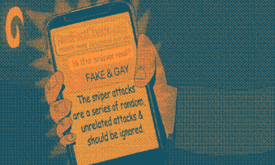 Screenshot de la vidéo 'Snooze Quest' de vewn : on y voit un téléphone montrant la page d'un faux site : RealFactCheck (100% real) (not fake) (not gay). L'article s'appelle 'Is the sniper real ?' et la réponse est 'FAKE & GAY : The sniper attacks are a series of random, unrelated attacks & should be ignored'